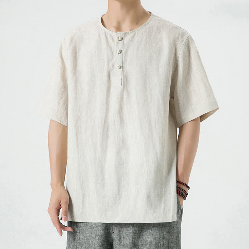 Nimara Ritual Summer Casual Minimalist Side Slit Solid Crew Neck Linen Men's Short Sleeve Shirts