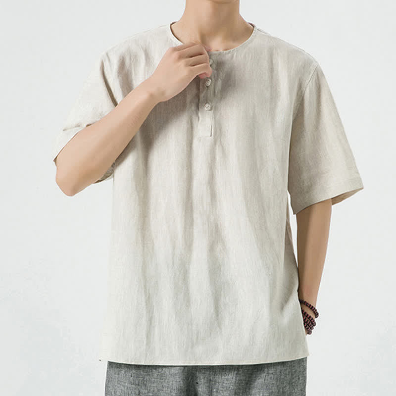 Nimara Ritual Summer Casual Minimalist Side Slit Solid Crew Neck Linen Men's Short Sleeve Shirts