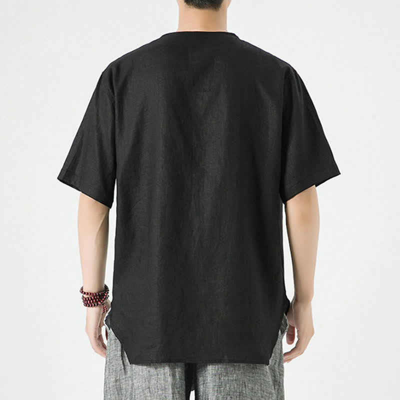 Nimara Ritual Summer Casual Minimalist Side Slit Solid Crew Neck Linen Men's Short Sleeve Shirts