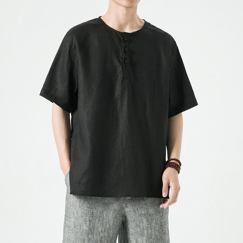 Nimara Ritual Summer Casual Minimalist Side Slit Solid Crew Neck Linen Men's Short Sleeve Shirts