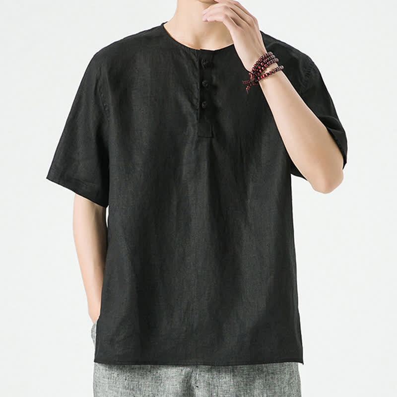 Nimara Ritual Summer Casual Minimalist Side Slit Solid Crew Neck Linen Men's Short Sleeve Shirts