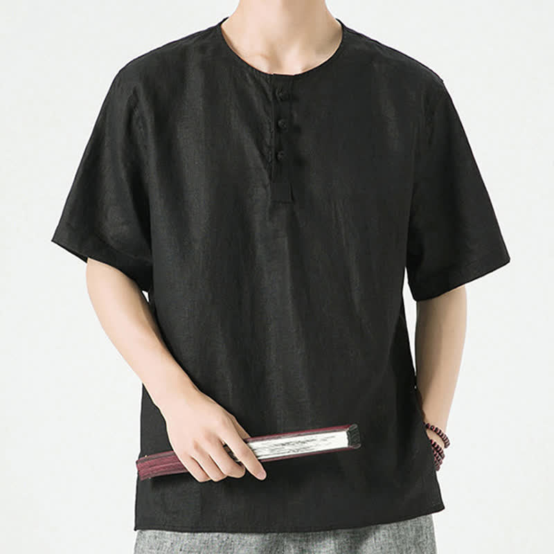 Nimara Ritual Summer Casual Minimalist Side Slit Solid Crew Neck Linen Men's Short Sleeve Shirts
