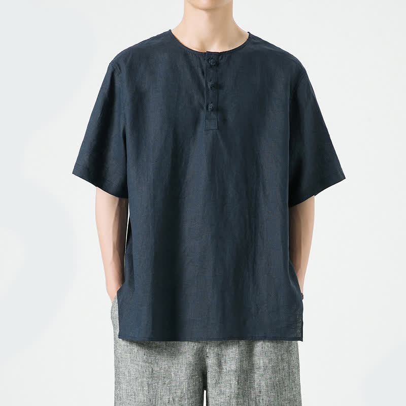 Nimara Ritual Summer Casual Minimalist Side Slit Solid Crew Neck Linen Men's Short Sleeve Shirts