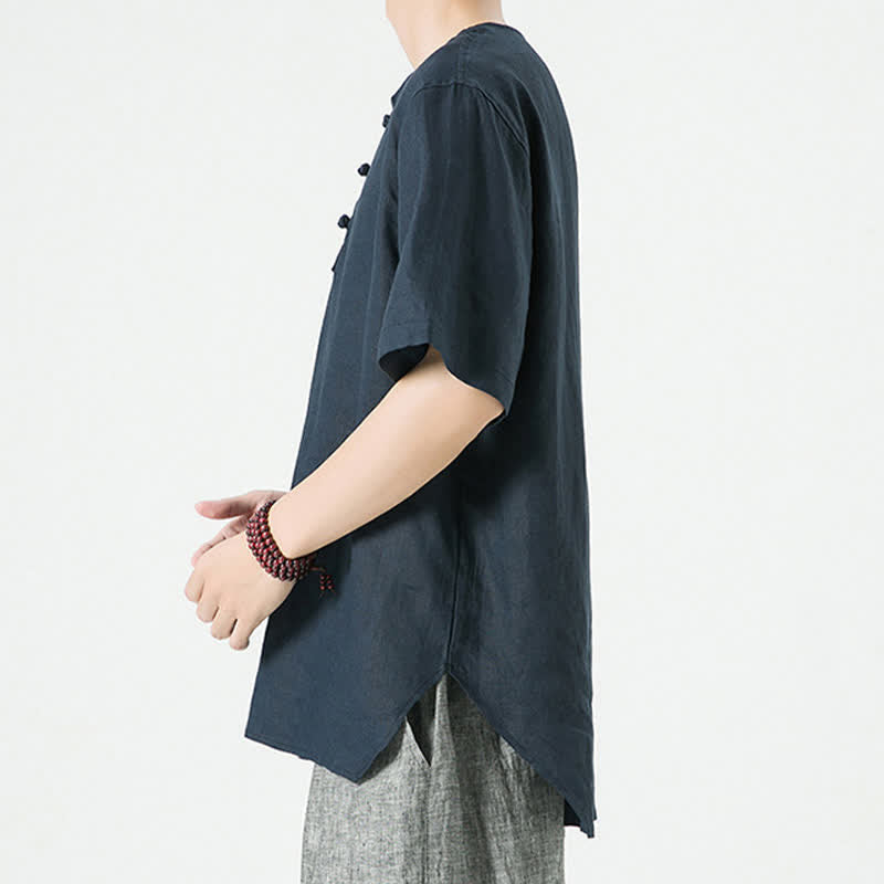 Nimara Ritual Summer Casual Minimalist Side Slit Solid Crew Neck Linen Men's Short Sleeve Shirts
