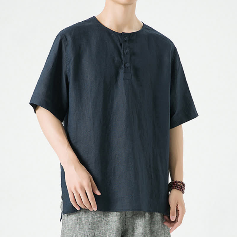 Nimara Ritual Summer Casual Minimalist Side Slit Solid Crew Neck Linen Men's Short Sleeve Shirts