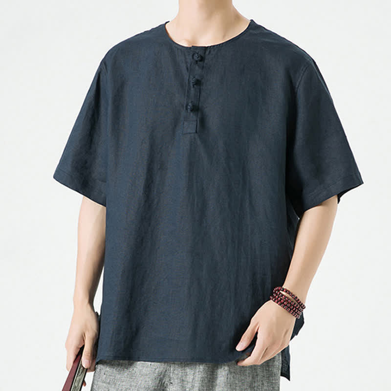 Nimara Ritual Summer Casual Minimalist Side Slit Solid Crew Neck Linen Men's Short Sleeve Shirts
