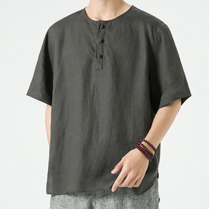 Nimara Ritual Summer Casual Minimalist Side Slit Solid Crew Neck Linen Men's Short Sleeve Shirts