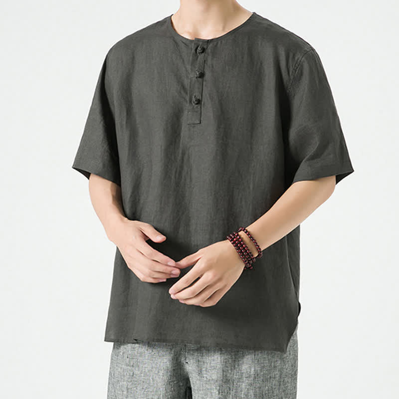 Nimara Ritual Summer Casual Minimalist Side Slit Solid Crew Neck Linen Men's Short Sleeve Shirts