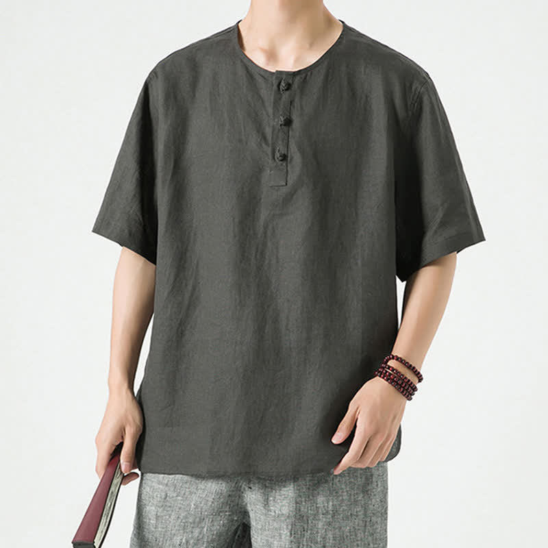 Nimara Ritual Summer Casual Minimalist Side Slit Solid Crew Neck Linen Men's Short Sleeve Shirts