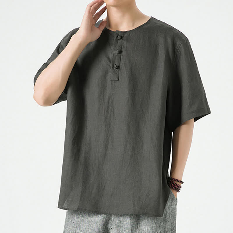 Nimara Ritual Summer Casual Minimalist Side Slit Solid Crew Neck Linen Men's Short Sleeve Shirts