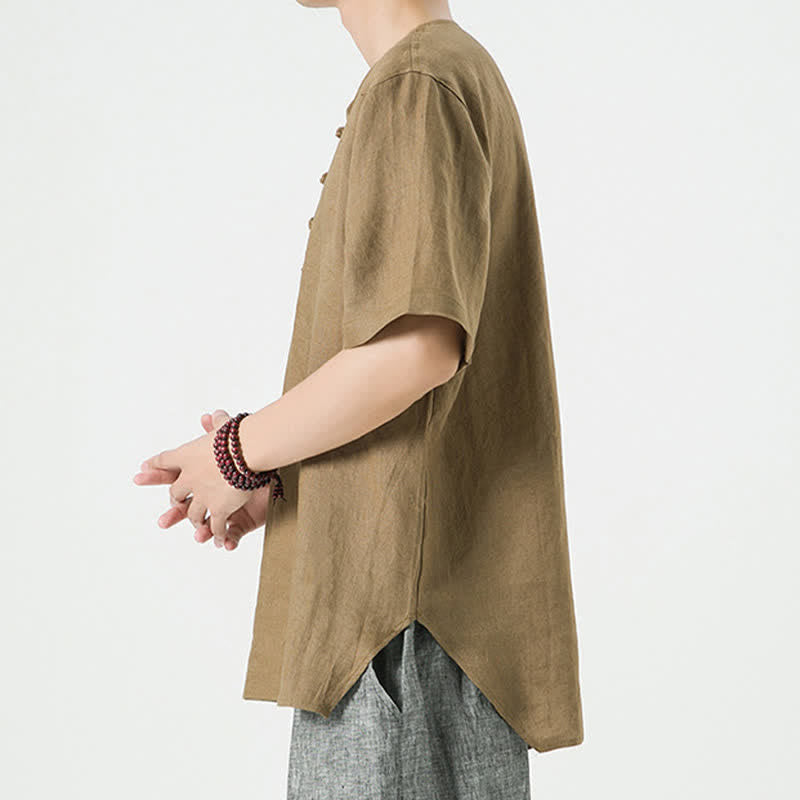 Nimara Ritual Summer Casual Minimalist Side Slit Solid Crew Neck Linen Men's Short Sleeve Shirts