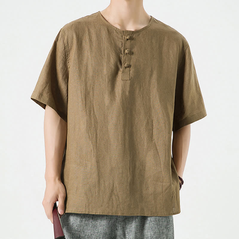 Nimara Ritual Summer Casual Minimalist Side Slit Solid Crew Neck Linen Men's Short Sleeve Shirts