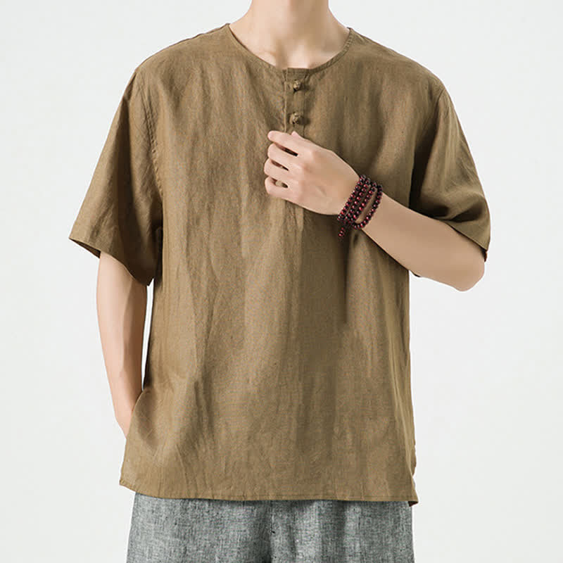 Nimara Ritual Summer Casual Minimalist Side Slit Solid Crew Neck Linen Men's Short Sleeve Shirts