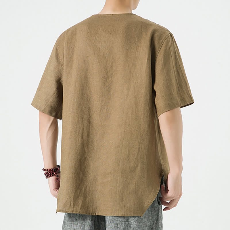 Nimara Ritual Summer Casual Minimalist Side Slit Solid Crew Neck Linen Men's Short Sleeve Shirts