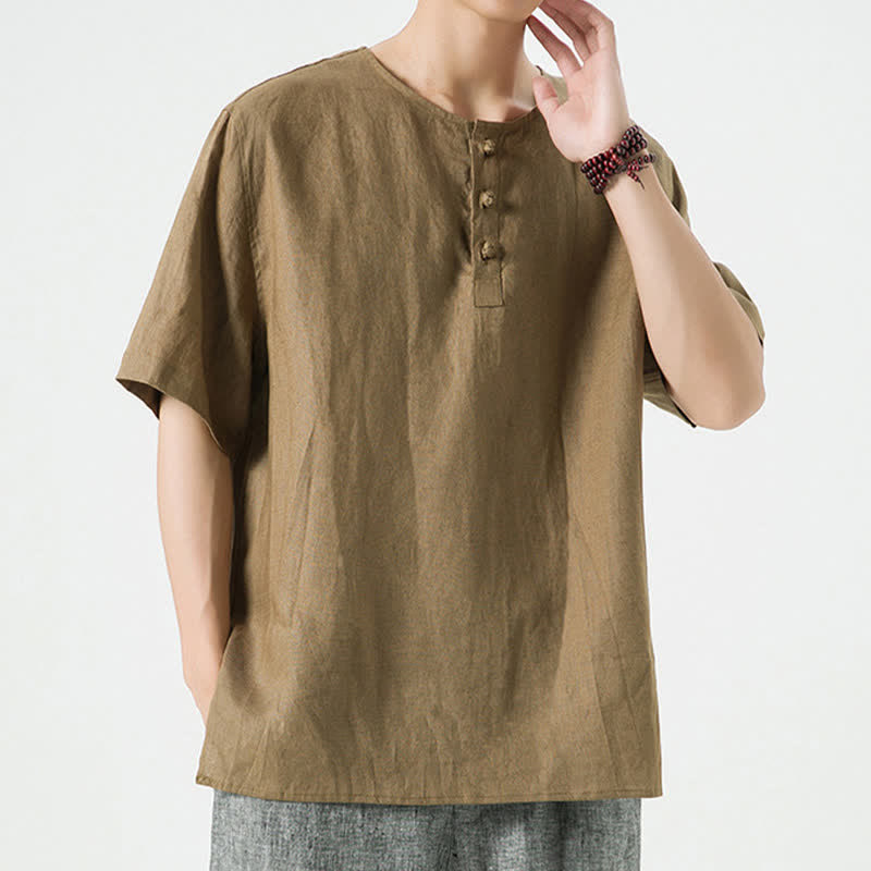 Nimara Ritual Summer Casual Minimalist Side Slit Solid Crew Neck Linen Men's Short Sleeve Shirts