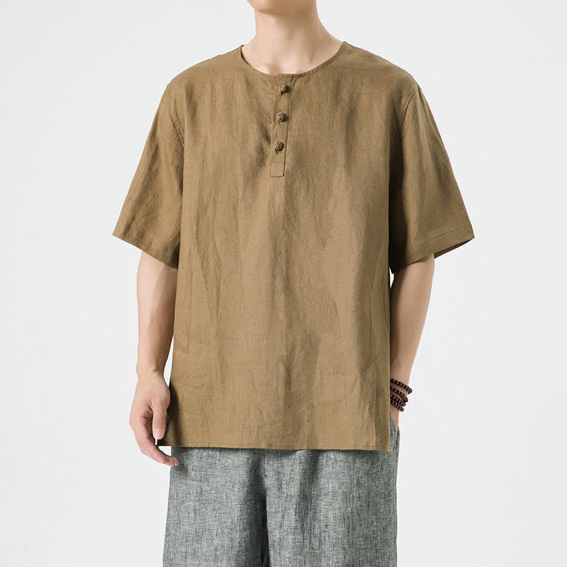 Nimara Ritual Summer Casual Minimalist Side Slit Solid Crew Neck Linen Men's Short Sleeve Shirts