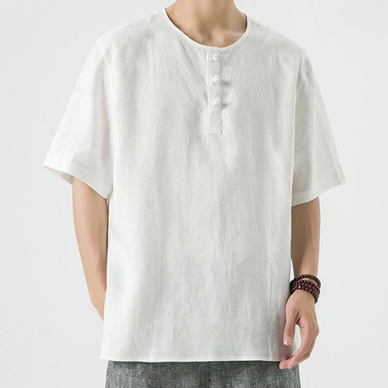 Nimara Ritual Summer Casual Minimalist Side Slit Solid Crew Neck Linen Men's Short Sleeve Shirts