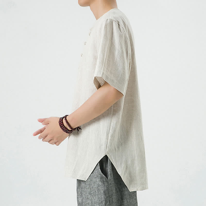 Nimara Ritual Summer Casual Minimalist Side Slit Solid Crew Neck Linen Men's Short Sleeve Shirts