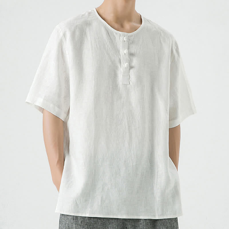 Nimara Ritual Summer Casual Minimalist Side Slit Solid Crew Neck Linen Men's Short Sleeve Shirts