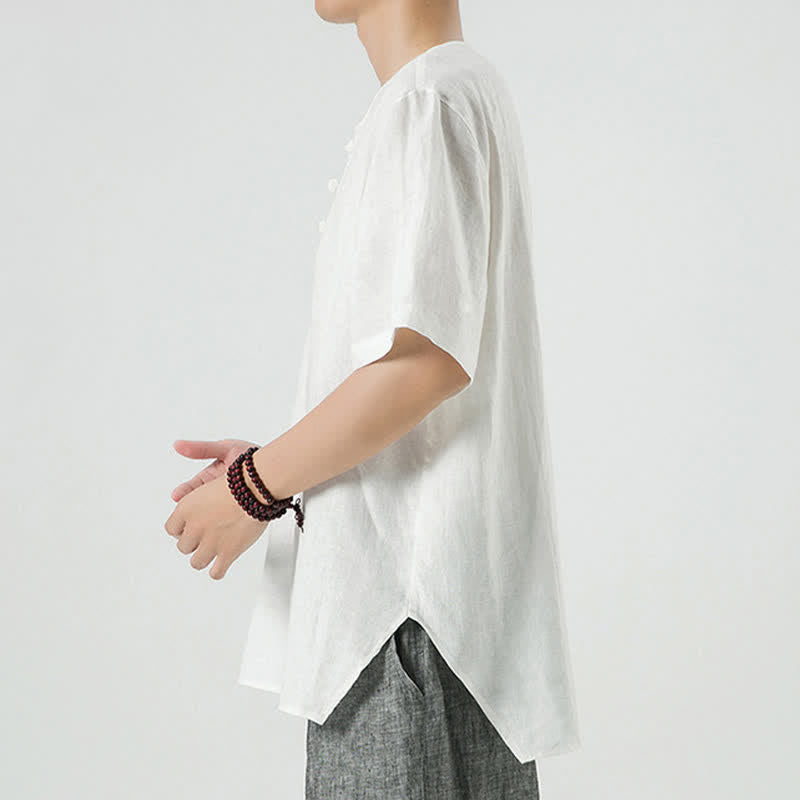 Nimara Ritual Summer Casual Minimalist Side Slit Solid Crew Neck Linen Men's Short Sleeve Shirts