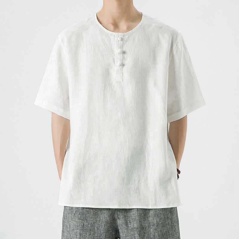 Nimara Ritual Summer Casual Minimalist Side Slit Solid Crew Neck Linen Men's Short Sleeve Shirts
