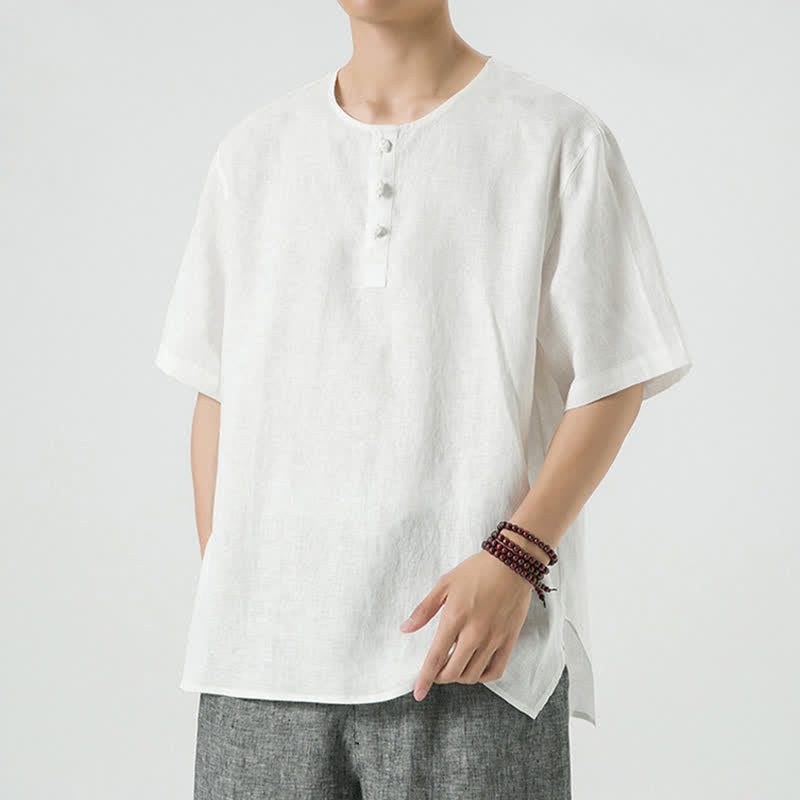 Nimara Ritual Summer Casual Minimalist Side Slit Solid Crew Neck Linen Men's Short Sleeve Shirts