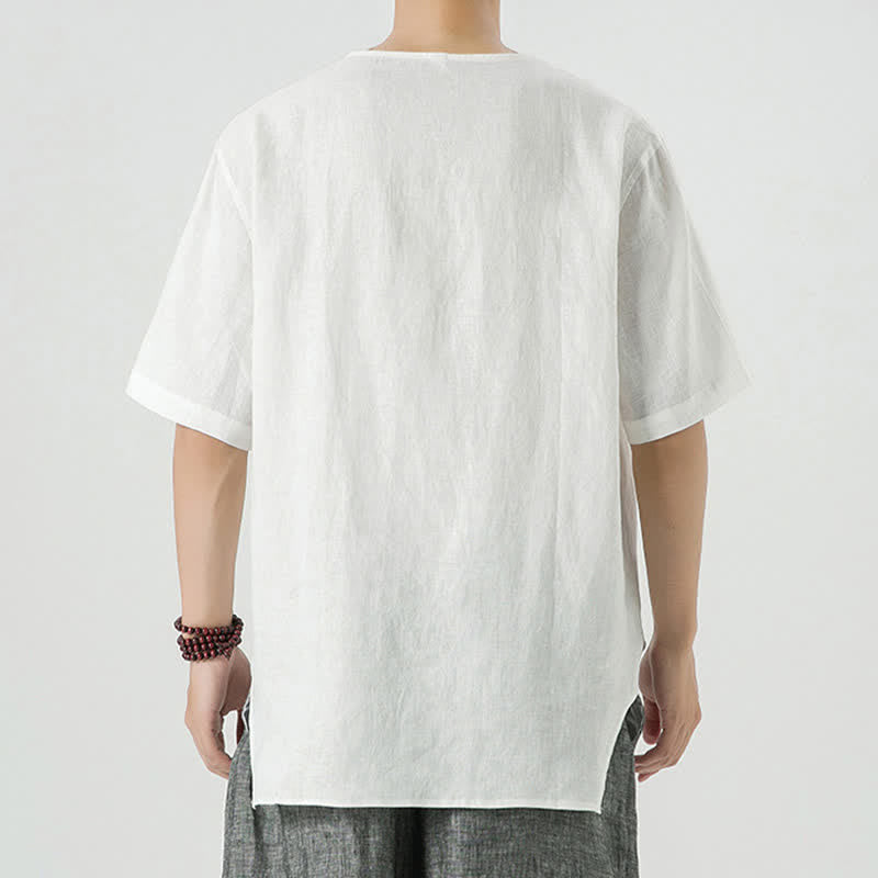 Nimara Ritual Summer Casual Minimalist Side Slit Solid Crew Neck Linen Men's Short Sleeve Shirts