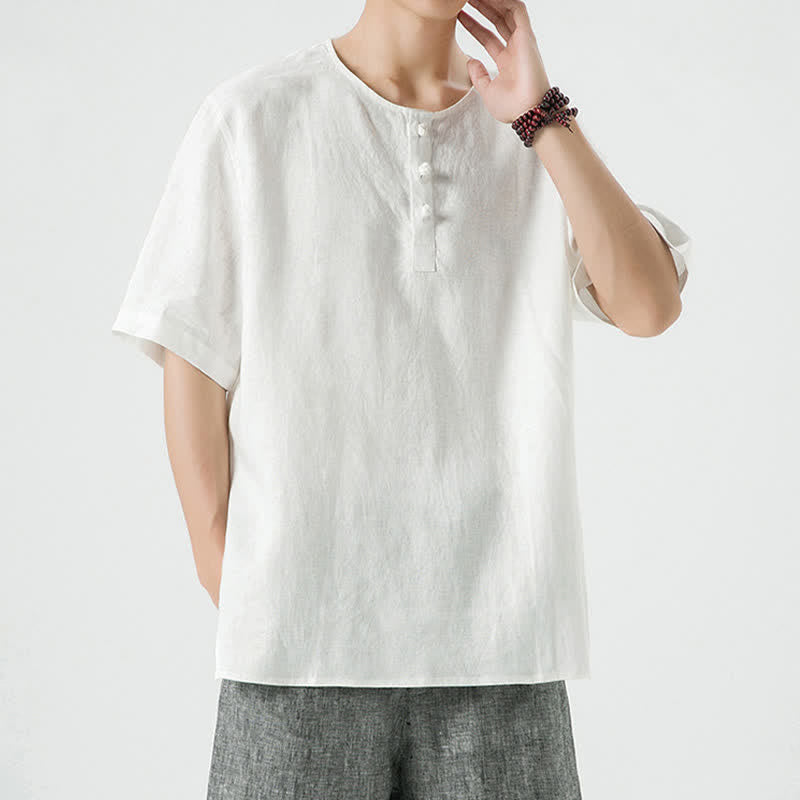 Nimara Ritual Summer Casual Minimalist Side Slit Solid Crew Neck Linen Men's Short Sleeve Shirts