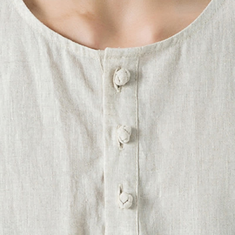 Nimara Ritual Summer Casual Minimalist Side Slit Solid Crew Neck Linen Men's Short Sleeve Shirts