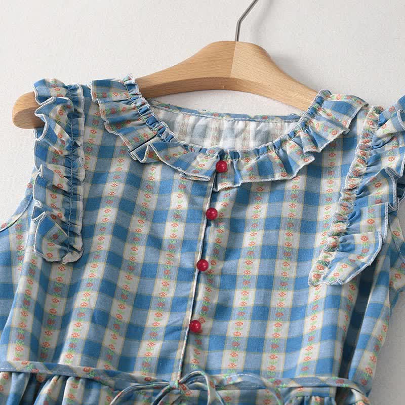 Nimara Ritual Summer Button-Up Drawstring Gingham Women's Summer Sleeveless Dress With Pockets