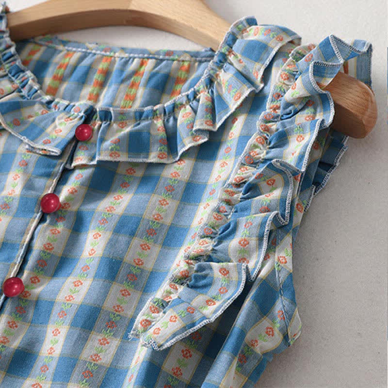 Nimara Ritual Summer Button-Up Drawstring Gingham Women's Summer Sleeveless Dress With Pockets