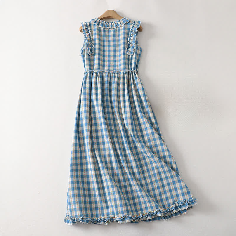 Nimara Ritual Summer Button-Up Drawstring Gingham Women's Summer Sleeveless Dress With Pockets