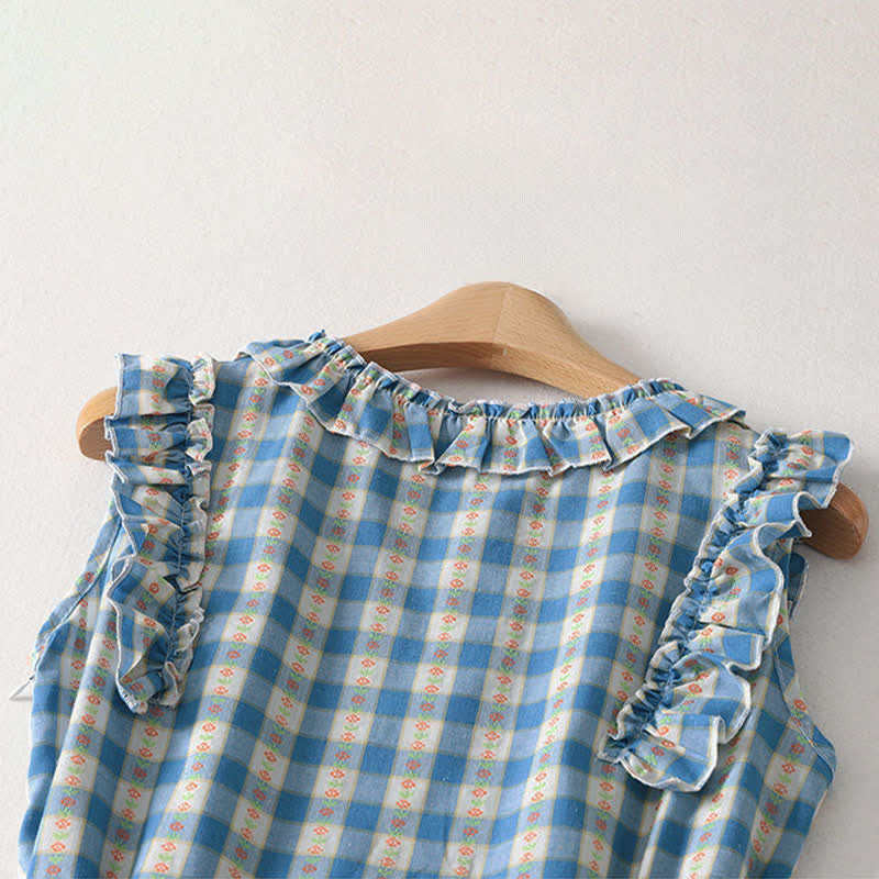 Nimara Ritual Summer Button-Up Drawstring Gingham Women's Summer Sleeveless Dress With Pockets