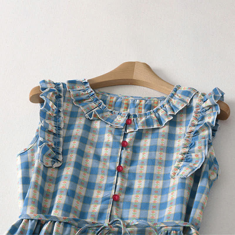 Nimara Ritual Summer Button-Up Drawstring Gingham Women's Summer Sleeveless Dress With Pockets