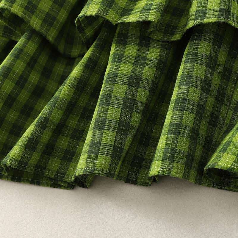 Nimara Ritual Summer Casual Green Plaid Pattern Ruffles Cotton Tank Top Women's Sleeveless Shirts