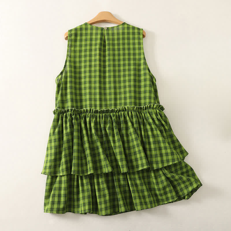 Nimara Ritual Summer Casual Green Plaid Pattern Ruffles Cotton Tank Top Women's Sleeveless Shirts