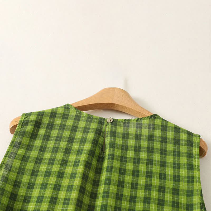 Nimara Ritual Summer Casual Green Plaid Pattern Ruffles Cotton Tank Top Women's Sleeveless Shirts