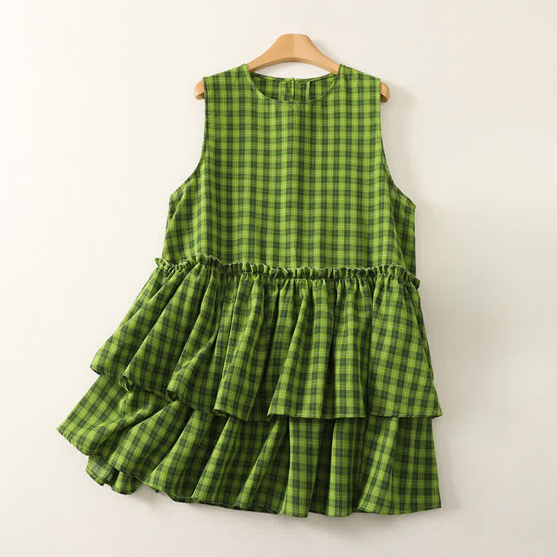 Nimara Ritual Summer Casual Green Plaid Pattern Ruffles Cotton Tank Top Women's Sleeveless Shirts