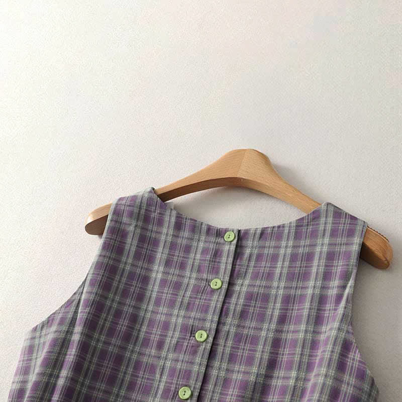 Nimara Ritual Summer Vintage Drawstring Waist Button-Up Plaid Cotton Women's Sleeveless Dress With Pockets