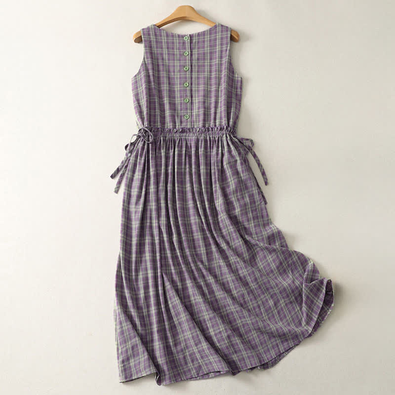 Nimara Ritual Summer Vintage Drawstring Waist Button-Up Plaid Cotton Women's Sleeveless Dress With Pockets
