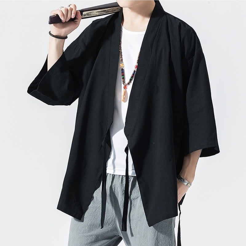 Nimara Ritual Summer Casual Minimalist Drawstring Solid Elbow-Length Sleeve Men's Kimono
