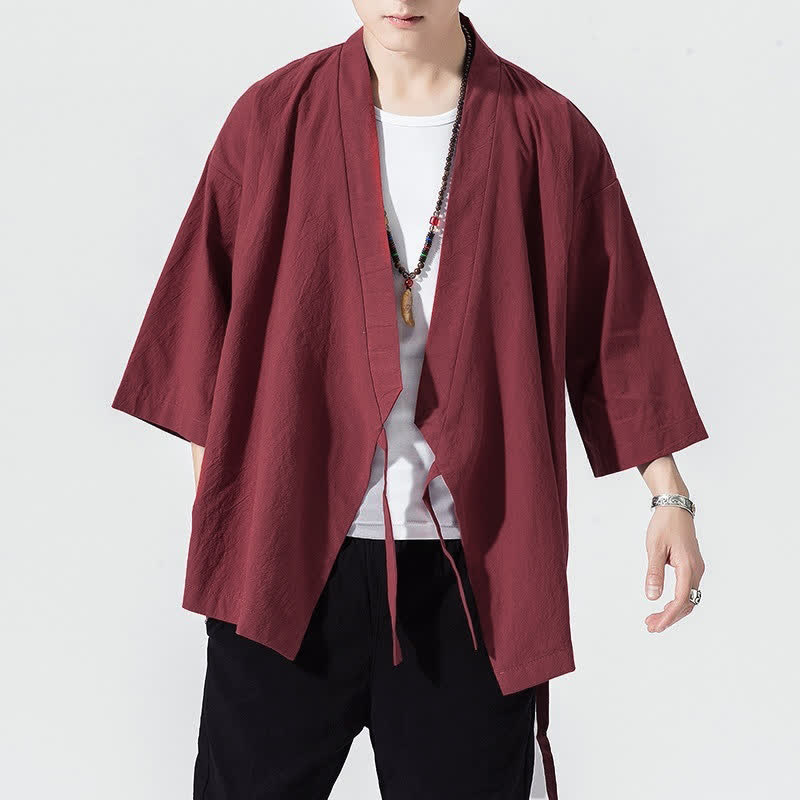 Nimara Ritual Summer Casual Minimalist Drawstring Solid Elbow-Length Sleeve Men's Kimono