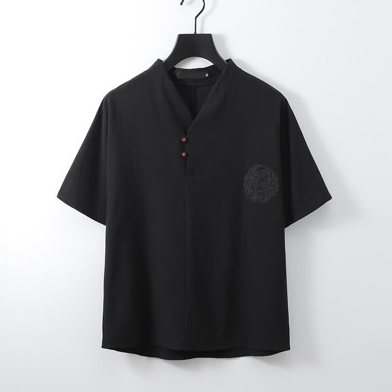 Nimara Ritual 2Pcs Summer Tang Style Casual Embroidery Solid Cotton Linen Short Sleeve Shirt Shorts Men's Meditation Cloth With Pocket