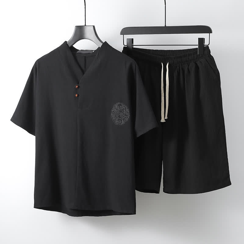 Nimara Ritual 2Pcs Summer Tang Style Casual Embroidery Solid Cotton Linen Short Sleeve Shirt Shorts Men's Meditation Cloth With Pocket