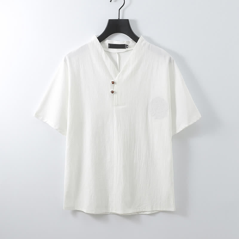 Nimara Ritual 2Pcs Summer Tang Style Casual Embroidery Solid Cotton Linen Short Sleeve Shirt Shorts Men's Meditation Cloth With Pocket