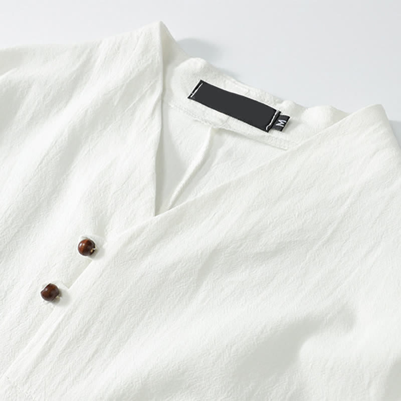 Nimara Ritual 2Pcs Summer Tang Style Casual Embroidery Solid Cotton Linen Short Sleeve Shirt Shorts Men's Meditation Cloth With Pocket