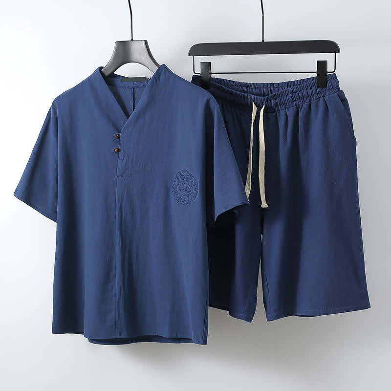 Nimara Ritual 2Pcs Summer Tang Style Casual Embroidery Solid Cotton Linen Short Sleeve Shirt Shorts Men's Meditation Cloth With Pocket