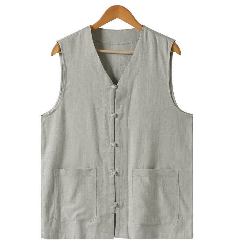Nimara Ritual Summer Tang Style Casual Frog Button Solid V-Neck Tank Top Men's Sleeveless Shirts With Pockets