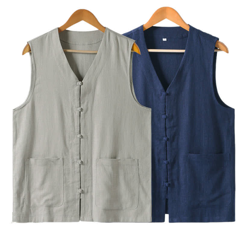 Nimara Ritual Summer Tang Style Casual Frog Button Solid V-Neck Tank Top Men's Sleeveless Shirts With Pockets