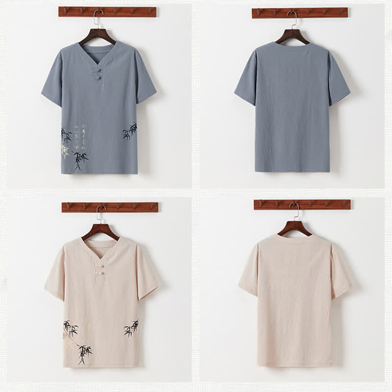 Nimara Ritual 2Pcs Summer Tang Style Casual Frog Button Bamboo Print Cotton Linen Short Sleeve Shirt Pants Men's Meditation Cloth With Pockets